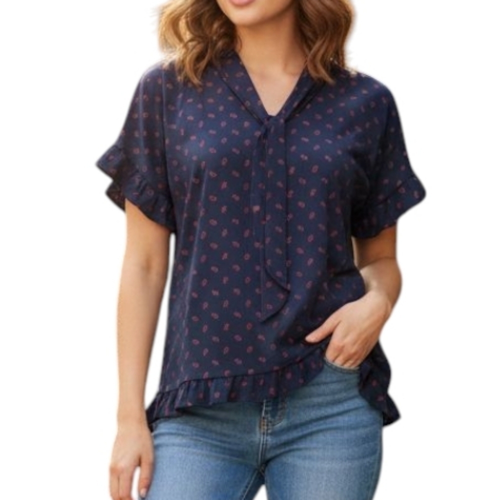Michael Michael Kors Ruffle Bow Blouse Women Small Navy Red Print